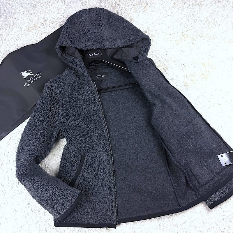 美品FムートンボアBURBERRY BLACK LABEL FムートンボアオーバーパーカーL~Mジップトラックジャケット灰ブラレ バーバリーブラックレーベル拍卖