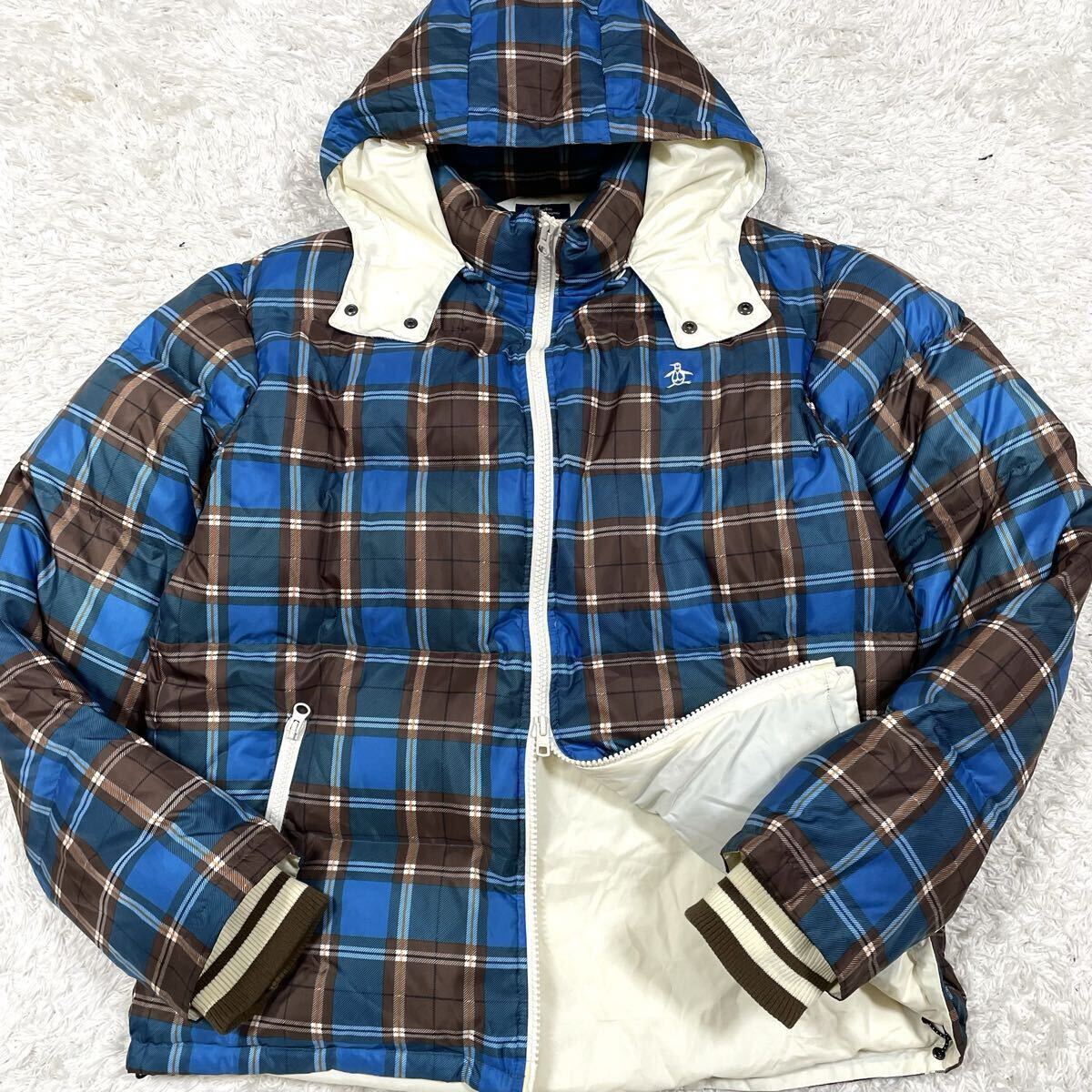 極美品 XL相当 マンシングウェア Munsingwear ダウンジャケット 2way フード着脱可 チェック サイズ4 ゴルフ メンズ 肉厚 軽量 ブルー系拍卖