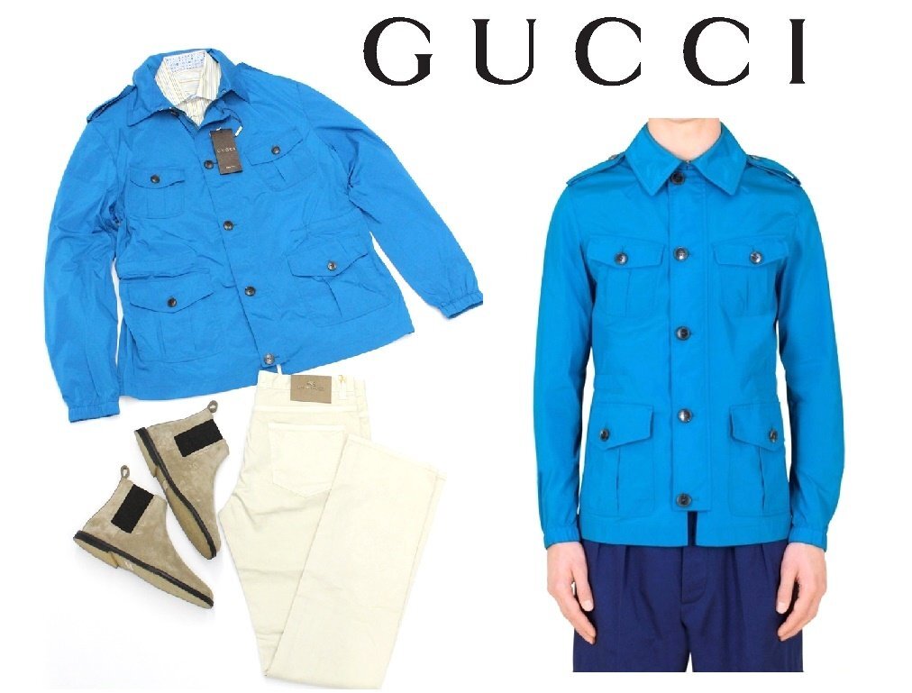●45万新品◆52=XL◆GUCCI M-65 グッチ 肩章付きフロントファスナー ストレッチウィンドブレーカージャケット 青 1円拍卖