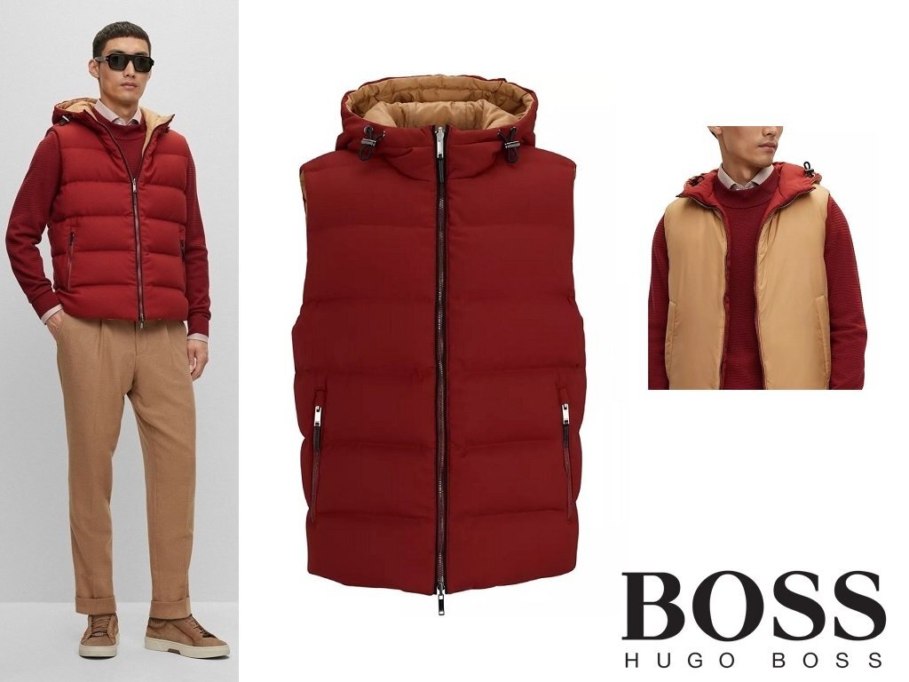 18万新品◆52=XL◆BOSSヒューゴボス リバーシブルフーディ―ダウンベスト 赤×薄茶ベージュ 1円拍卖