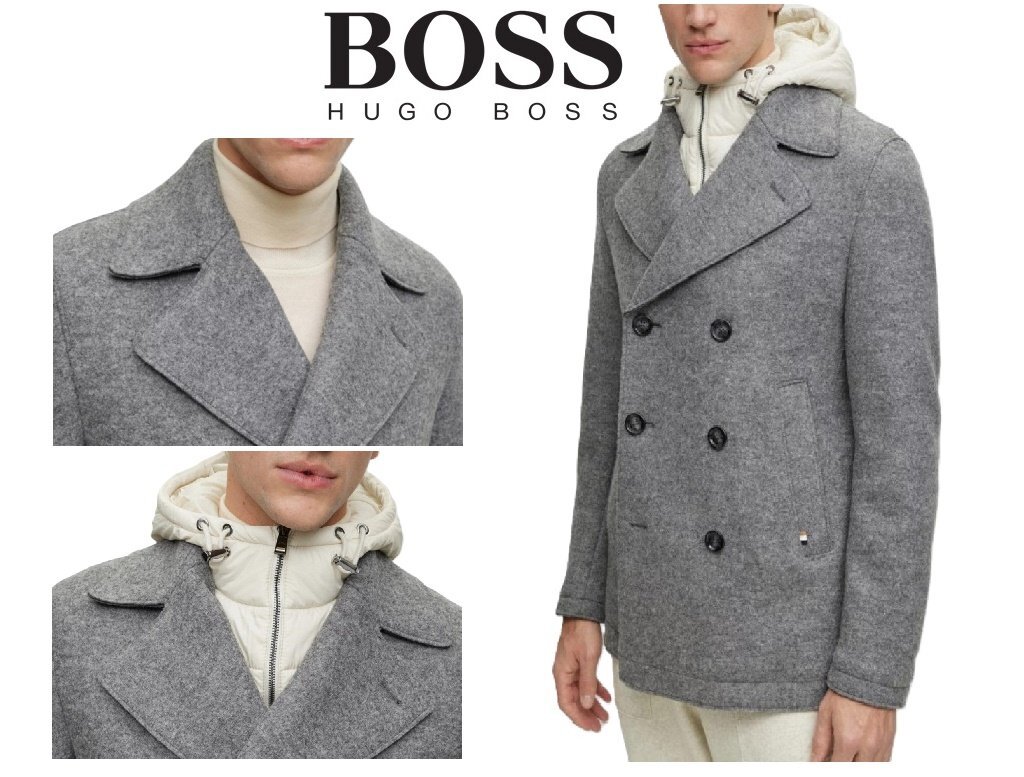 ●20万新品◆52=XL◆BOSSヒューゴボス 『C-HydePcoat』フード着脱可能レイヤード風ダブルピーコート SLIMFIT グレー灰 1円拍卖