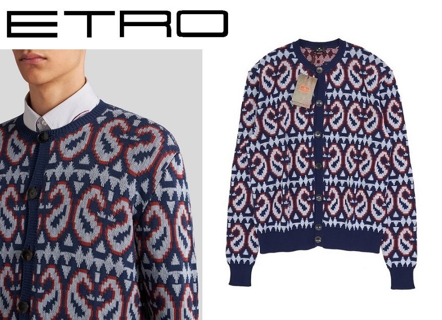 ●25万新品◆M◆エトロ◆ペイズリーモチーフ コットンウールニットカーディガン 紺ネイビー系【ETRO】1円拍卖