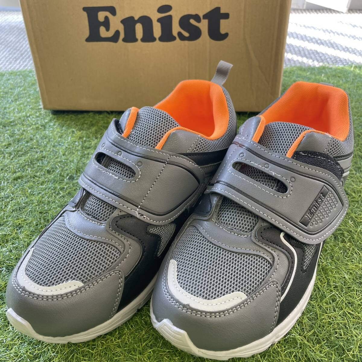 Enist グレー×オレンジ マジックテープスニーカー 24.5cm 幅広 軽量 ローカットスニーカー 日常/作業履き レディースファッション 婦人靴拍卖