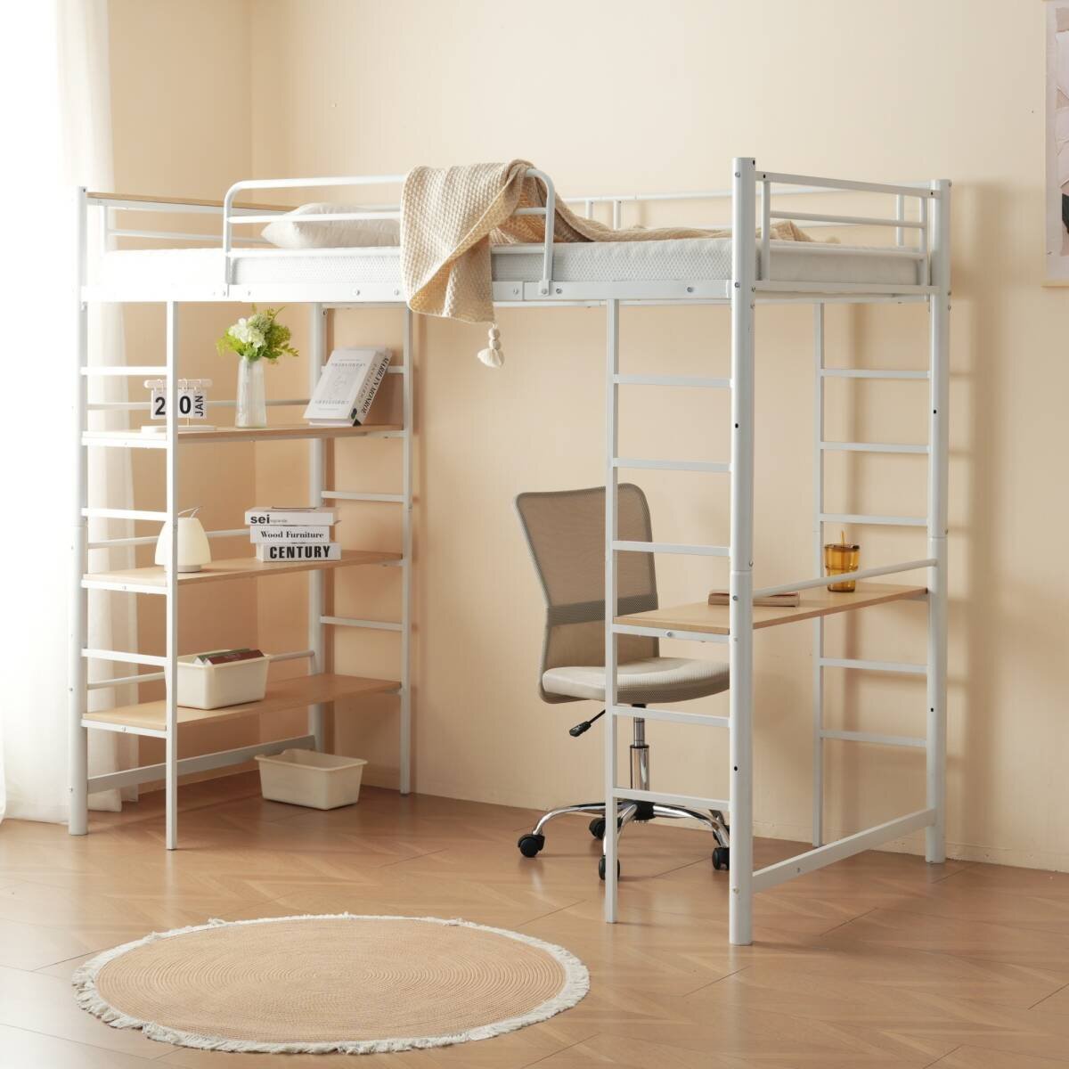 ロフトベッド シングル パイプベッド 収納棚付き デスク付き 三段ラック 北欧風 収納 子供ベッド パイプ 金属 はしご拍卖