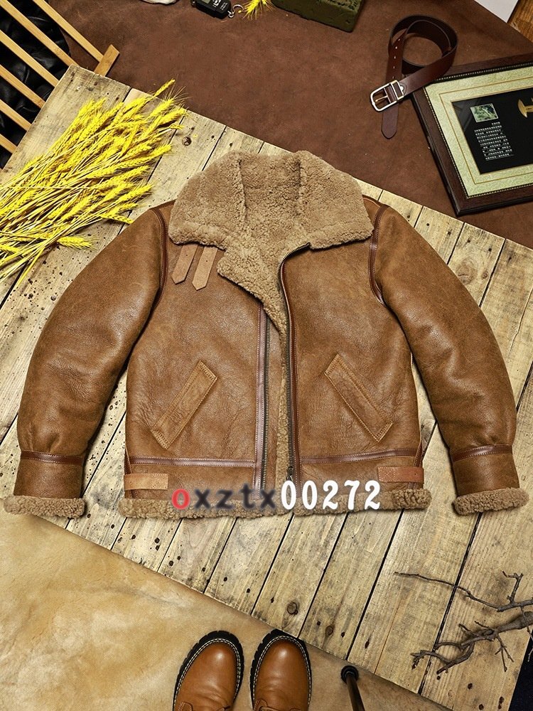 ナチュラルな毛皮付きフライトスーツメンズラムウール本革ジャケットショート丈バイカージャケットLサイズ 選択可能拍卖