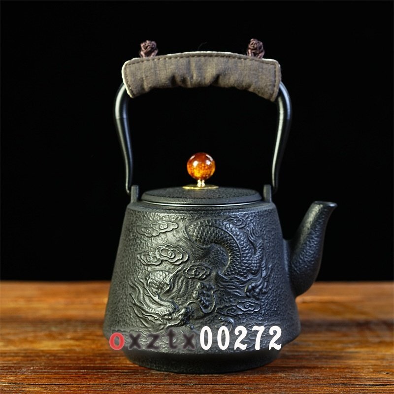 手作りの鋳鉄製急須湯沸かし用鉄製ティーポット家庭用茶器健康促進ポット茶室用装飾品取っ手付きバケツ型縁飾り付き龍模様ポット1100ml拍卖