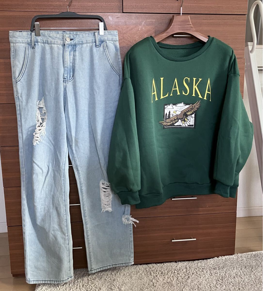 Lサイズ〜 2着セット グリーン 裏フリース プリントロゴスウェット(XL)&ダメージデニムパンツ (L)SHEIN拍卖