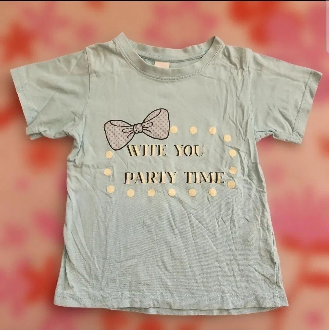 美品 130キッズTシャツ リボン柄 水色 半袖拍卖