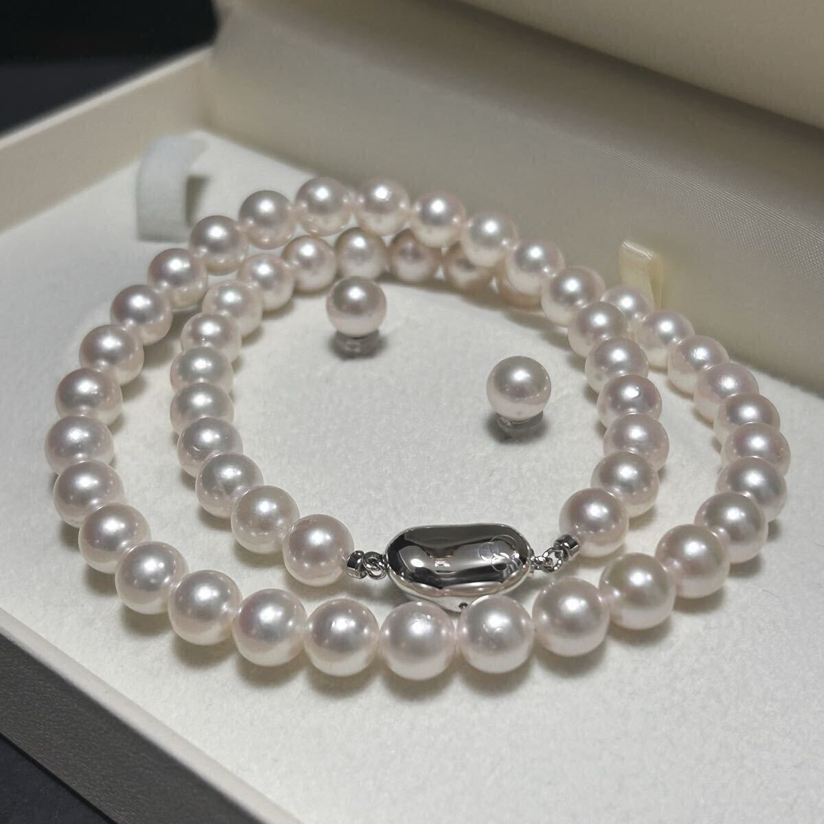 【テリ強/K14WG】あこや真珠 アコヤ 本真珠 パール ネックレス ピアス セット 約7.4〜7.8mm 全長44cm 38.7g pearl jewely necklace SILVER拍卖