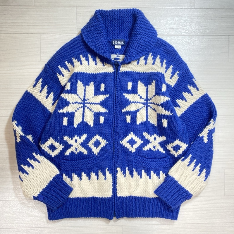 GEORGIA/雪の結晶柄/丸襟/ジップアップカウチンニットジャケット/カウチンニットセーター/ブルー×ホワイト/ショールカラー拍卖