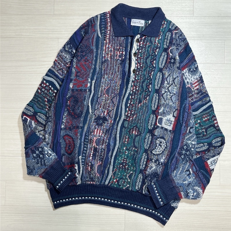 Giorgio di Firenze/ジョルジオ ディ フィレンツェ/ブルガリア製/総柄/3Dニット/長袖ポロシャツ/XLサイズ/襟付きニット/オーバーサイズ拍卖