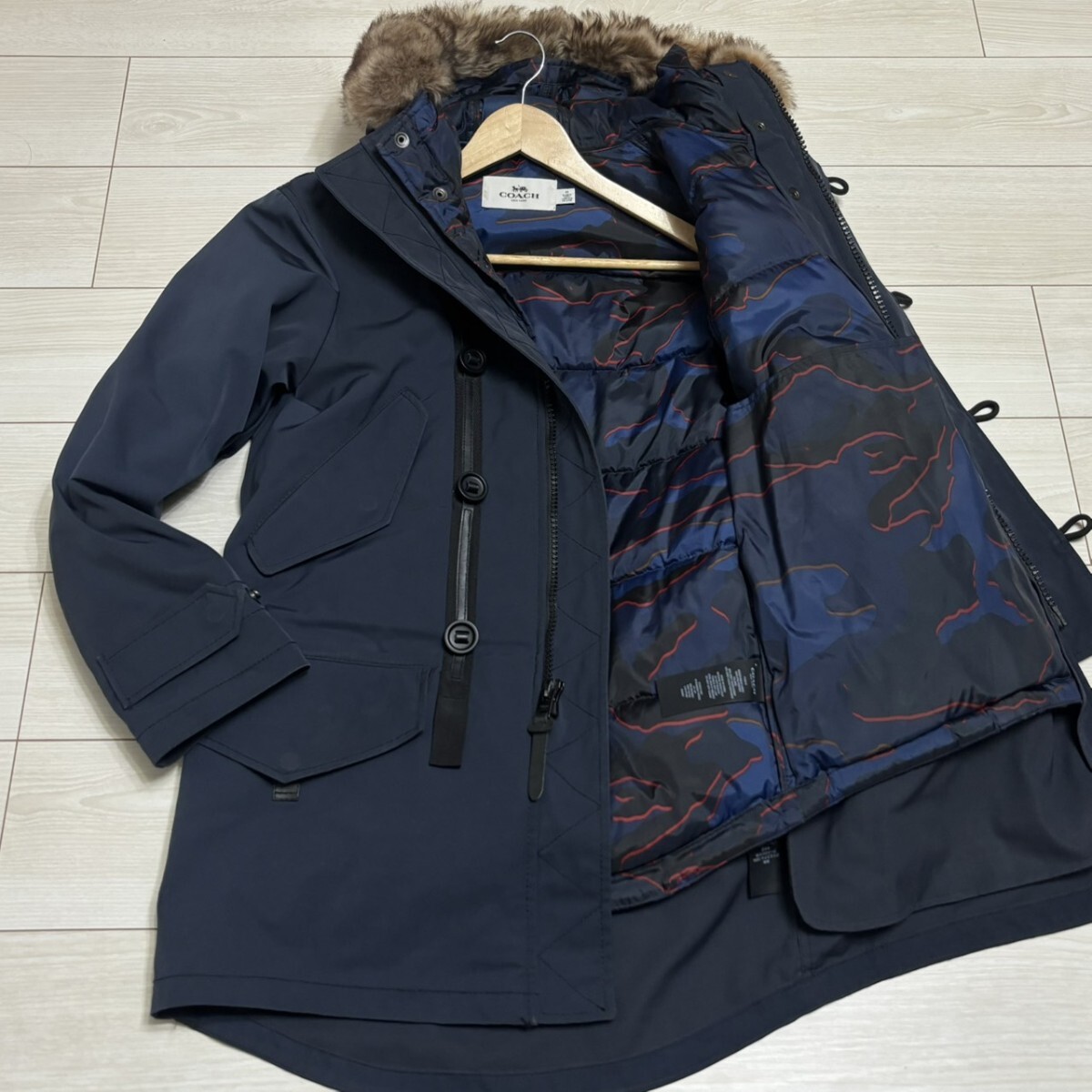 Sサイズ相当●COACH コーチ ダウンライナーモッズコート 3way ライナダウンーパーカー脱着式 ライナー迷彩カモフラ ネイビー アウター拍卖