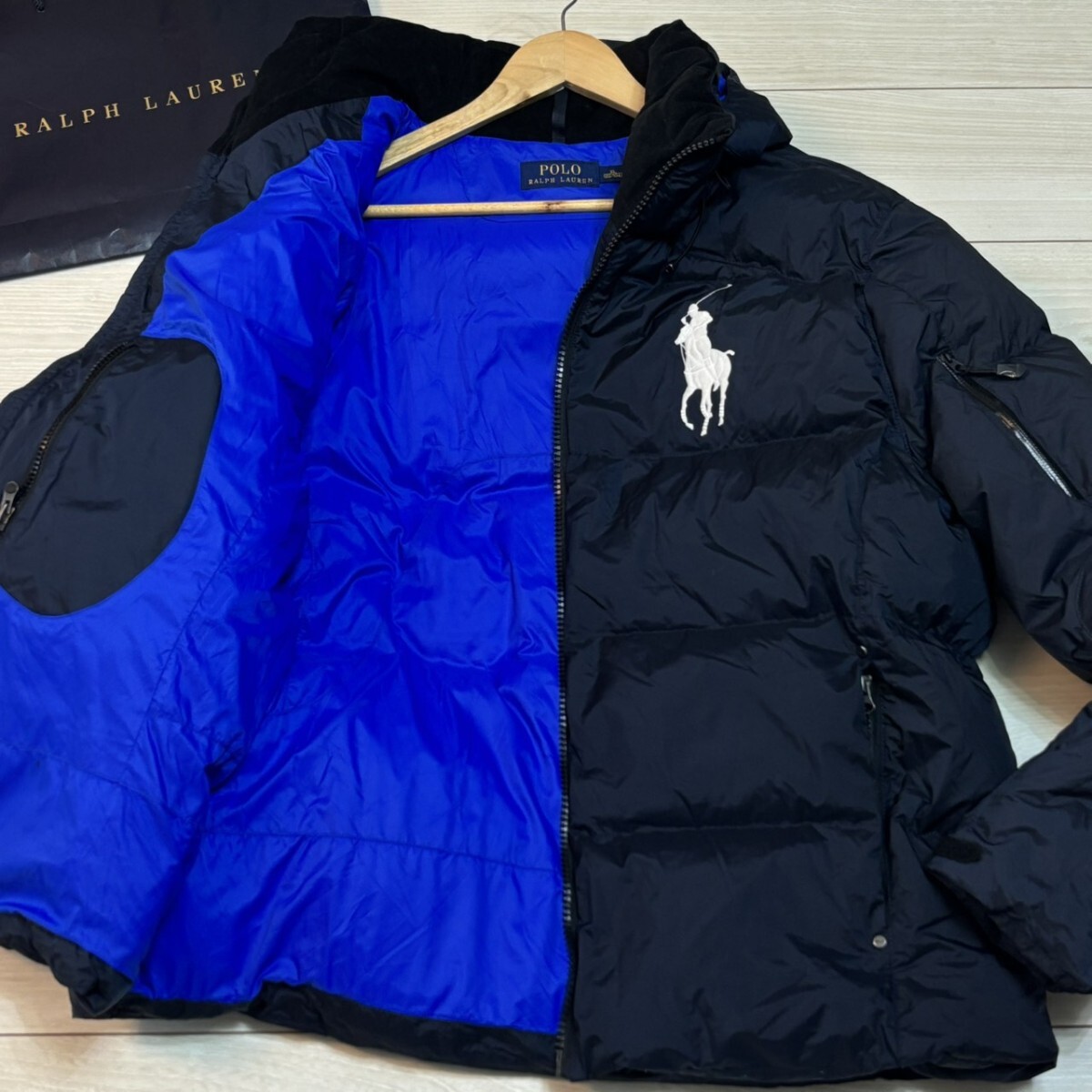 極美品/XLサイズ●POLO RALPH LAUREN ポロラルフローレン ビッグポニー リップストップ フーディダウンジャケット ネイビー アウター拍卖