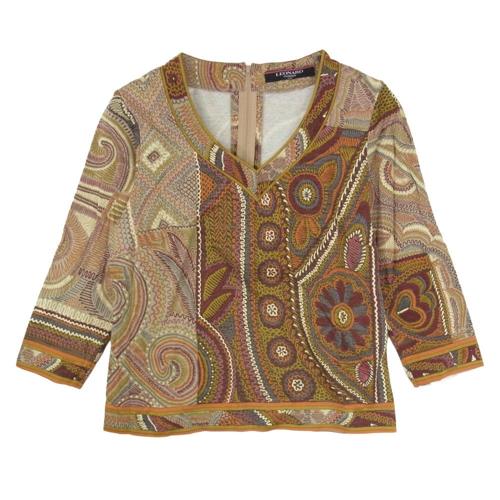 LEONARD レオナール FASHION ファッション 総柄 Vネック 長袖 カットソー ブラウン系 L【中古】拍卖