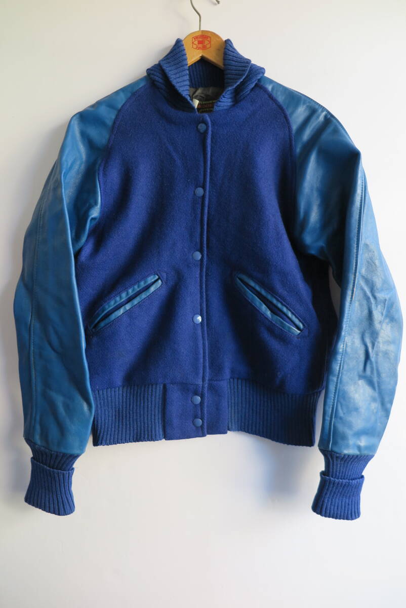 SKOOKUM 袖レザー スタジャン レディース ラグラン オールブルー MADE IN USA スクーカム アワードジャケット VINTAGE ヴィンテージ拍卖
