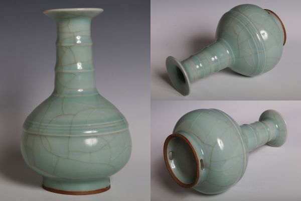 N26151 中国陶器 青磁下蕪瓶 花瓶 花生 茶道具 華道具 検:青磁 青瓷 官窯 中国 古玩 唐物拍卖