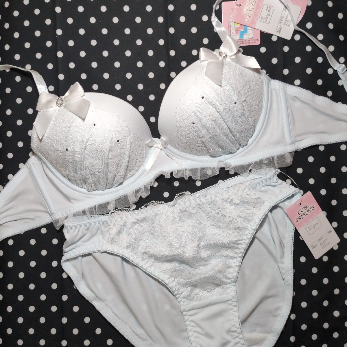 М☆М ティーンズ 清楚可憐 ブラ☆パンティ Cute Princess お姫様 大きめ白サテンリボン お胸にキラキララインストーン 淡いブルー拍卖