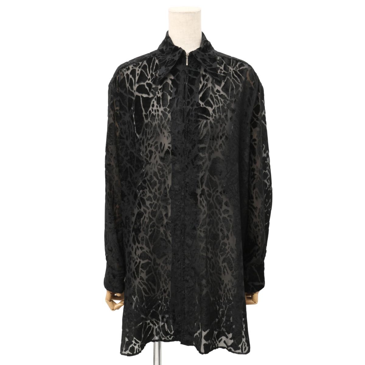 MI2491☆ジャンポールゴルチエ Jean-Paul GAULTIER シースルー 起毛プリント シャツジャケット ブラウス ジップアップ スリット 黒 40拍卖