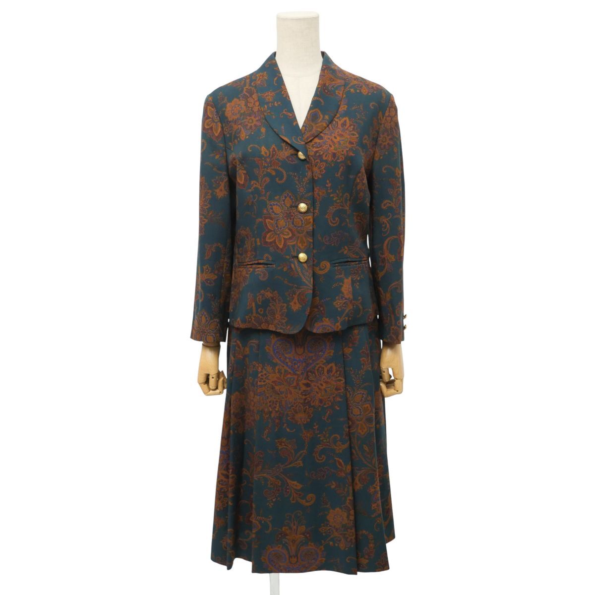 TJ6032☆バーバリー Burberrys セットアップ ペイズリー柄 ショールカラージャケット+プリーツロングスカート 緑×茶系 サイズ7拍卖