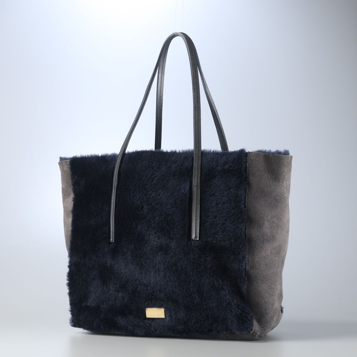 MI2392▲EPOCA エポカ ムートン 羊革 トートバッグ インバッグ/ポーチ付き 肩掛け 鞄 ネイビー×チャコールグレー系拍卖