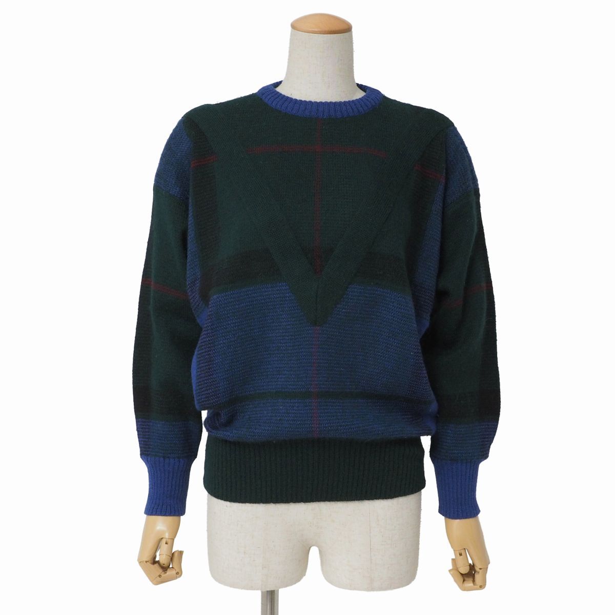 TJ2687☆ジャンニヴェルサーチ Gianni Versace ニット セーター プルオーバー クルーネック 長袖 チェック柄 ウールモヘア 緑×青 サイズ1拍卖