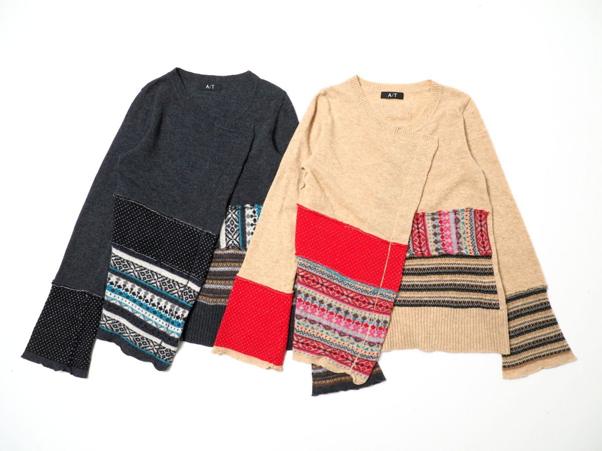 TJ6250#2点セット*エーティー*アツロウタヤマ*A/T*長袖セーター×2*フェアアイル柄*ニット*総柄*プルオーバー*拍卖