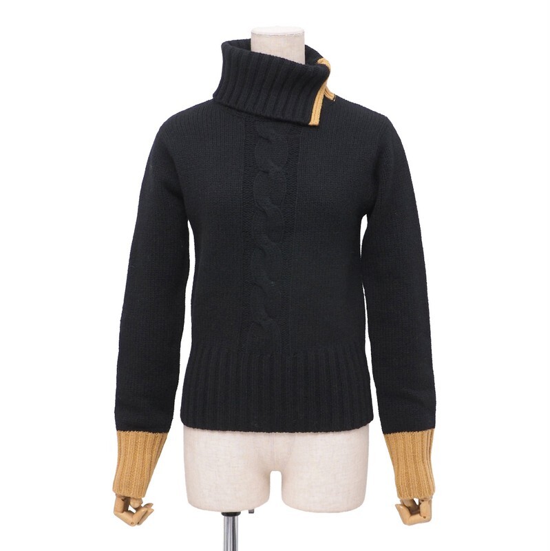 GS0021★DKNY ダナキャラン ウール100% タートルネック 長袖セーター ニット ブラック サイズS ケーブル編み拍卖