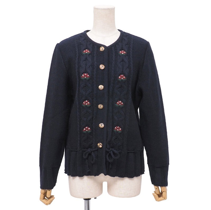 TI6381★ドイツ製 McDavid/マックデイビッド ウール100% リボン フラワー装飾 ニットカーディガン ネイビー サイズXL拍卖
