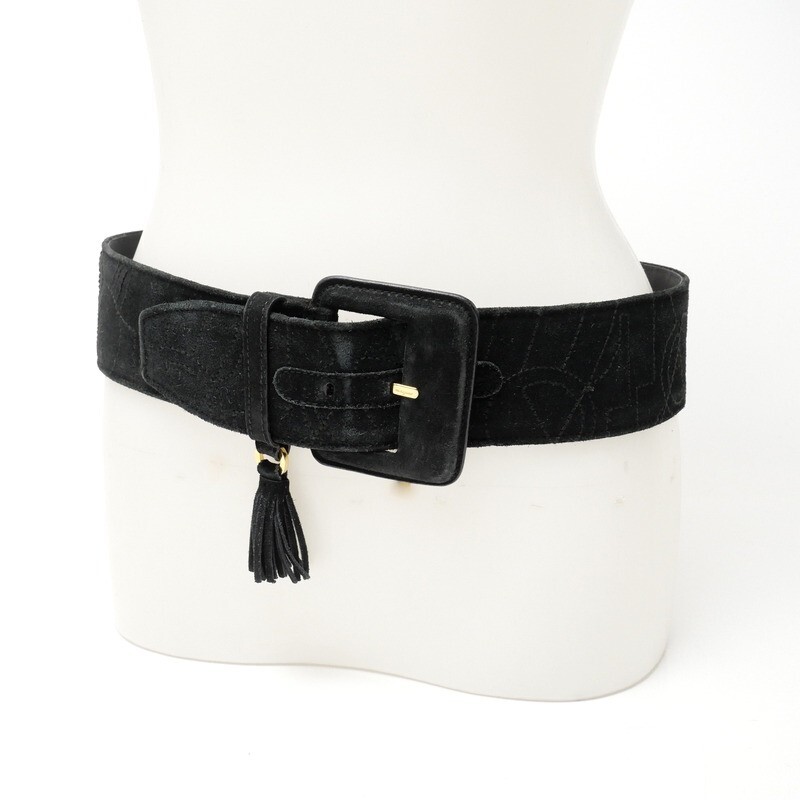 MI1463* VINTAGE FERRAGAMO サルヴァトーレフェラガモ スエードレザー タッセル 太ベルト レディース Size 80 ブラック イタリア製拍卖
