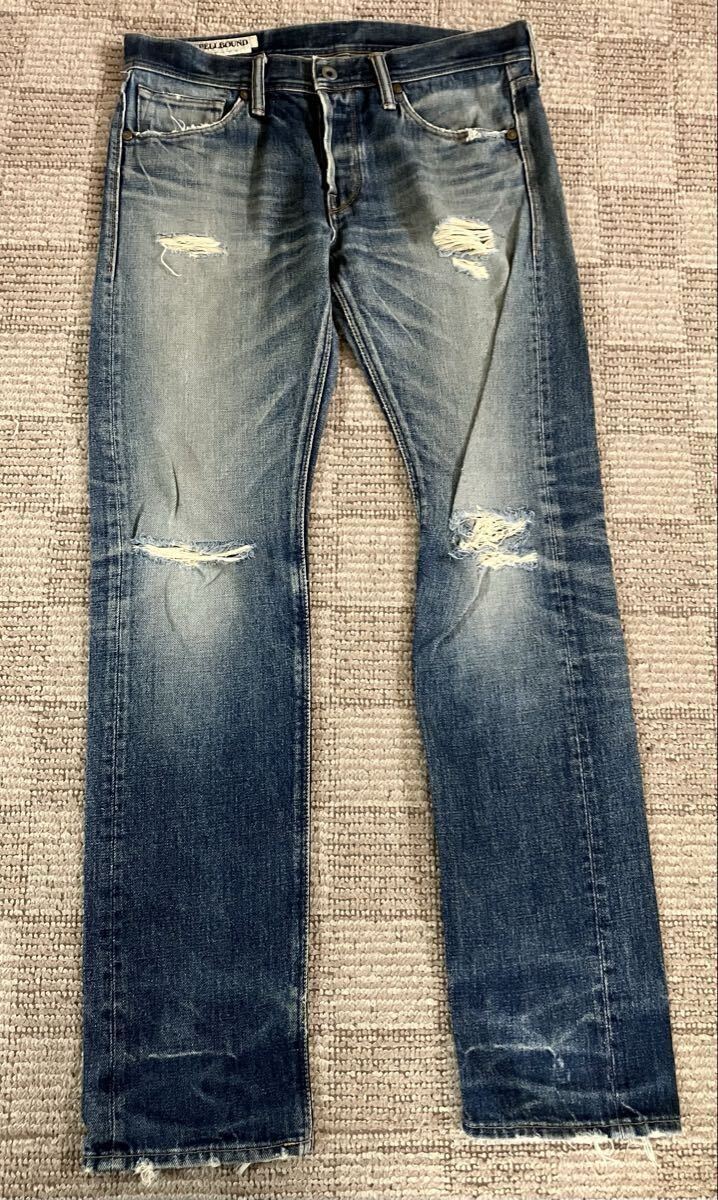 SPELLBOUND ダメージ加工デニム スペルバウンド ジーンズ パンツ 古着 シンプル カジュアル ボタンフライ ストレート ズボン拍卖