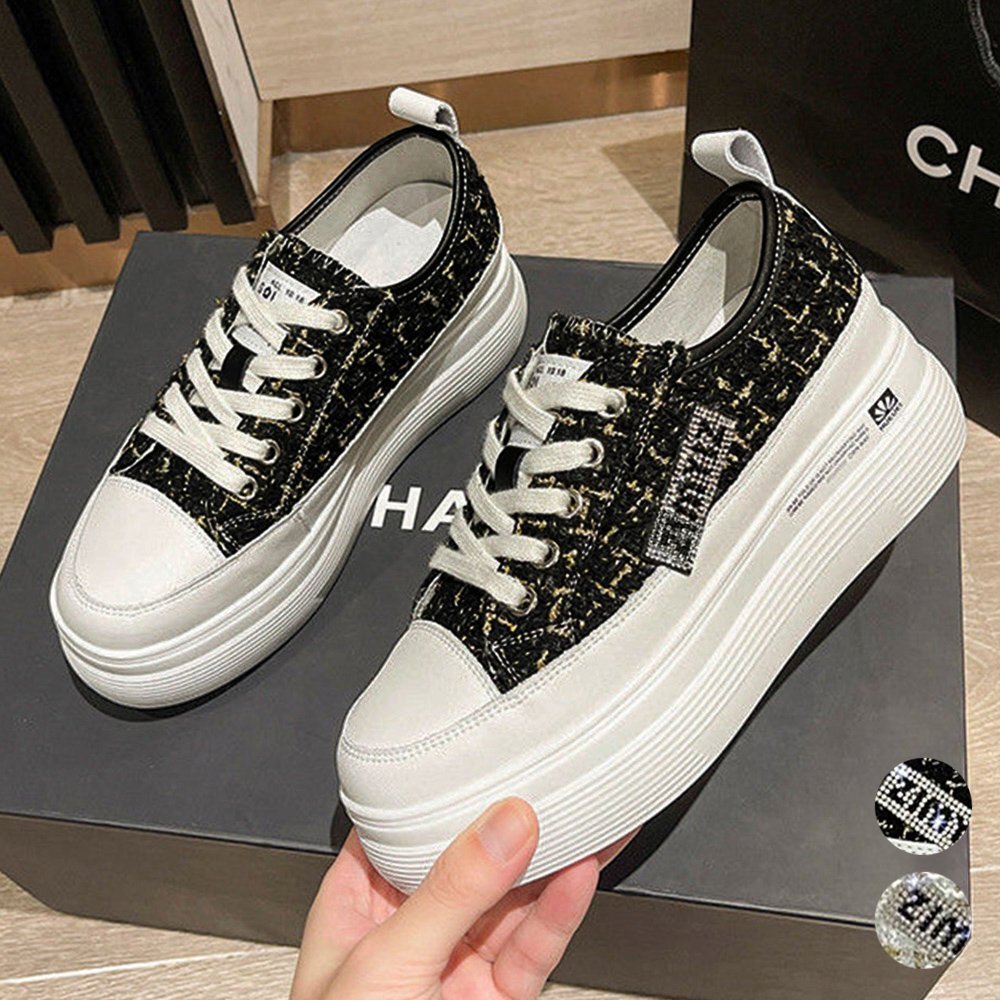 ツイードスニーカー 厚底シューズ 韓国 22.5cm ブラック拍卖