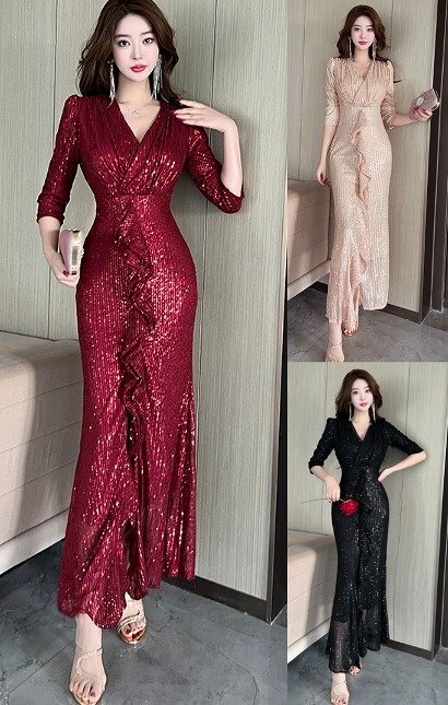 ロングワンピース Vネック ドレス フリル キャバクラ セクシー パーティードレス きれい レディース M ワインレッド拍卖