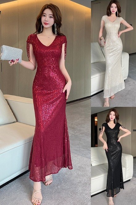 ロングワンピース Vネック ドレス キャバクラ セクシー パーティードレス きれい フリル レディース XL ブラック拍卖