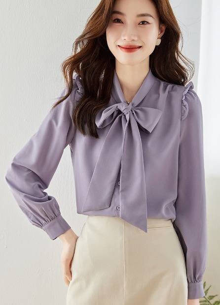 長袖シャツ きれいめブラウス リボン 仕事 OL 通勤 オフィスカジュアル 【大きいサイズあり】 XL パープル拍卖