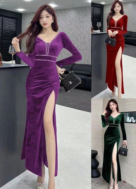 ロングワンピース フリル スリット入り ドレス 長袖 二次会 披露宴 懇親会 レディース XL レッド拍卖