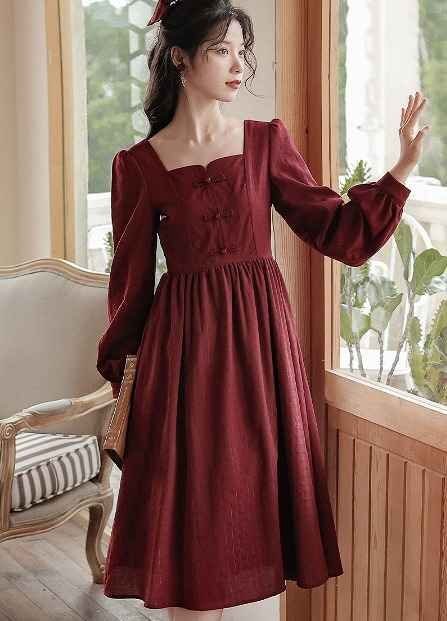 長袖ワンピース フリル 切り替え スリム 着痩せ 無地 sweet系 S ワイン拍卖