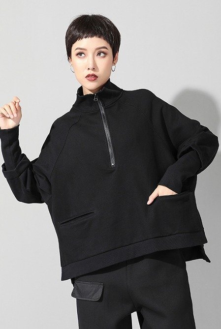 スウェット トレーナー 切り替え 体型カバー 着痩せ ジップ カジュアル XL ブラック拍卖
