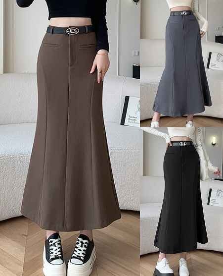 ロングスカート マキシ丈スカート タイトスカート フリル 無地 シンプル カジュアル かわいい 秋冬 L キャメル拍卖