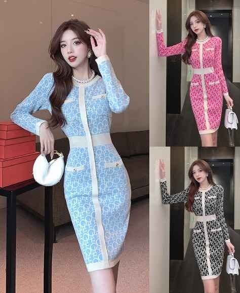 全3色 ニットワンピース 厚手 長袖 バイカラー スリム 着痩せ カットソー sweet系 フリー ローズ拍卖