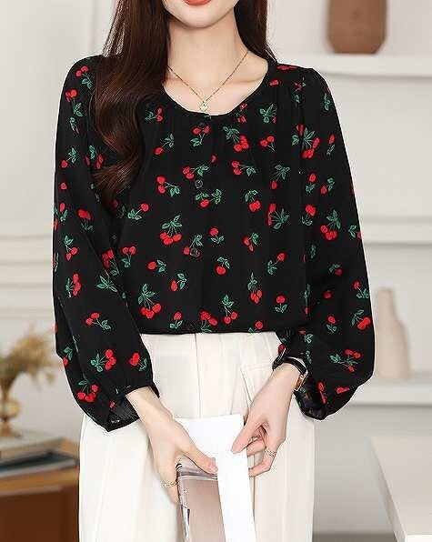 長袖シャツ 長袖ブラウス チェリー さくらんぼ かわいい ゆったり 春夏【大きいサイズあり】 L ブラック拍卖