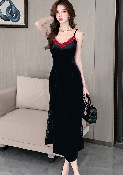 キャミソールワンピース フリル 切り替え バイカラー スリム XL ブラック拍卖