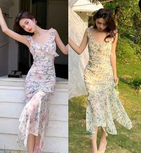 全2色 キャミソールワンピース フリル ひざ丈ワンピ 花柄 sweet系 S イエロー拍卖