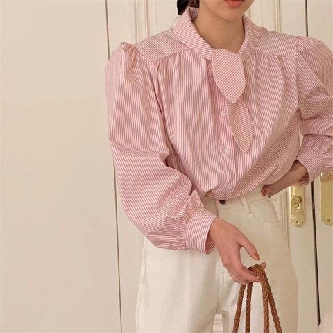 500円 同梱不可 ファッション レトロ パフスリーブ シャツ ブラウス フリー ピンク拍卖