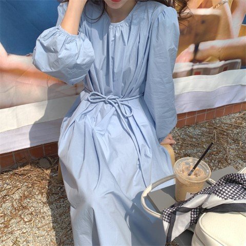 カカジュアル 韓国ファッション ラウンドネック ロング カジュアル ワンピース フリー ブルー拍卖