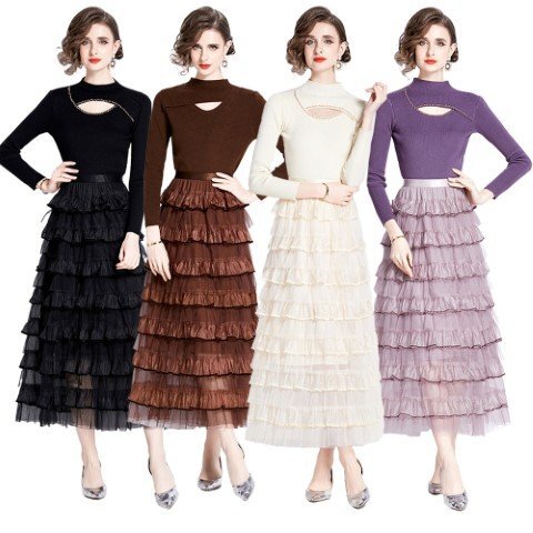 胸元空き リブニットトップス ティアードスカート 2点セット 3L ブラック拍卖