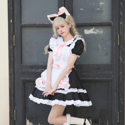 S~6L大きいサイズ シェフコスプレ メイド服 ハロウィン衣装 可愛い 舞台 ワンピース 贅沢7set 4L ブラック拍卖