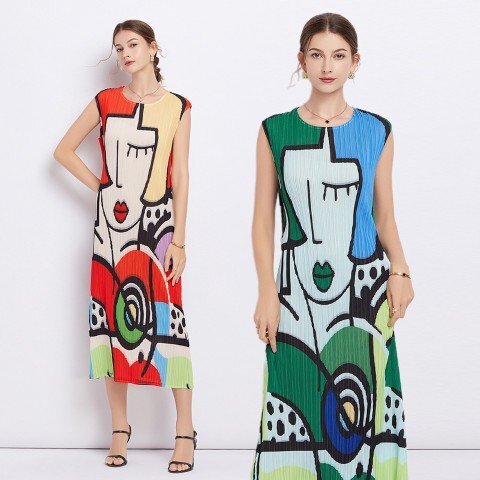 個性プリント 着痩せ プリーツワンピース フリー レッド拍卖