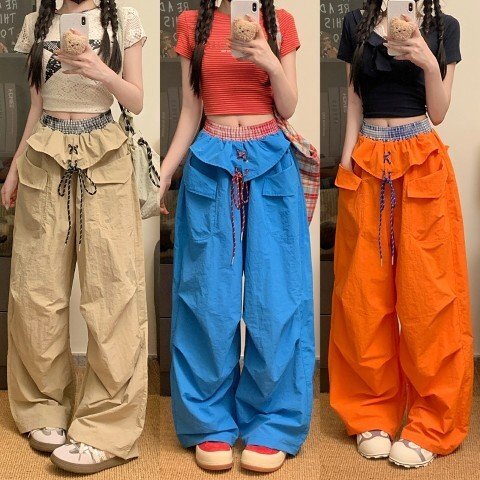 ワイド バギーパンツ 切り替え バイカラー 体型カバー 着痩せ L ブルー拍卖