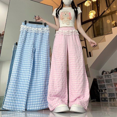ワイド バギーパンツ 切り替え バイカラー 体型カバー 着痩せ チェック柄 L ブルー拍卖