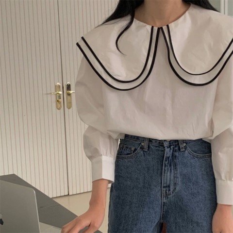 500円 同梱不可 ゆったり プルオーバー 折り襟 無地 シャツ ブラウス フリー ホワイト拍卖